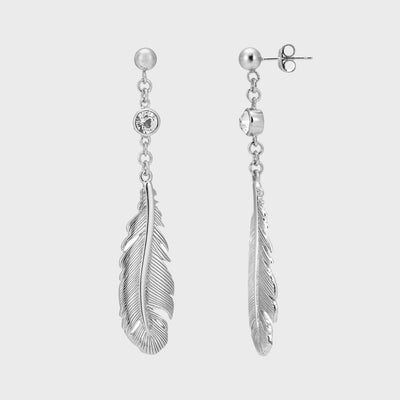 Silver Crystal Feather Dangly Stud Earrings