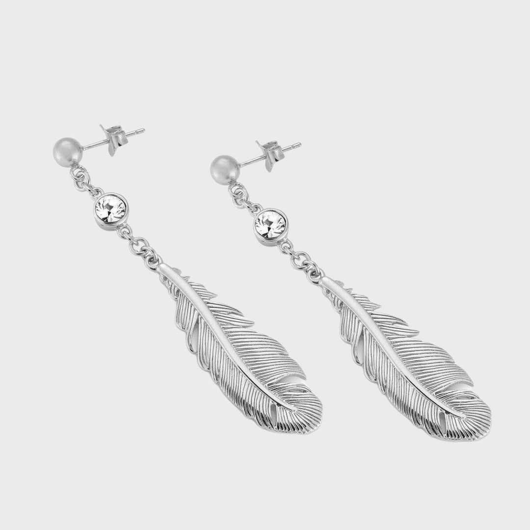 Silver Crystal Feather Dangly Stud Earrings