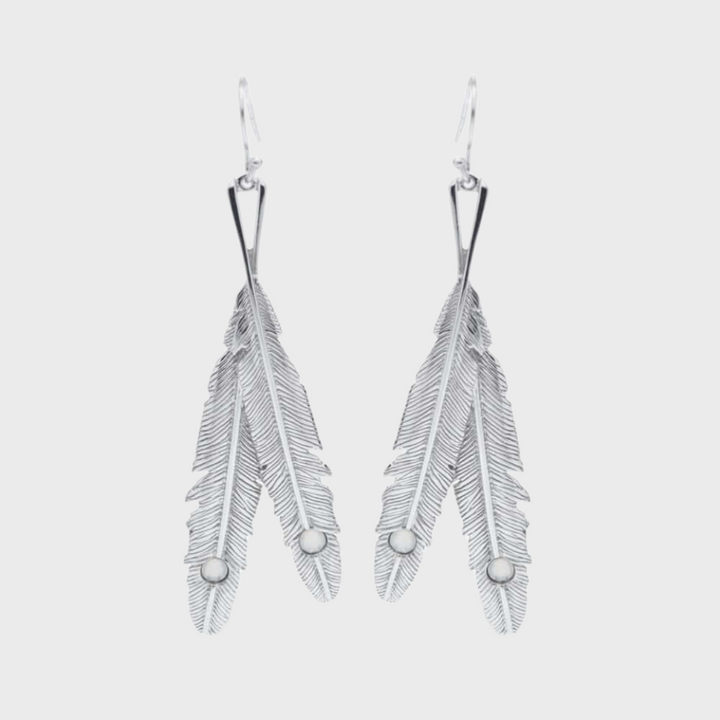 Silver Gemstone Dangly Feather Earrings