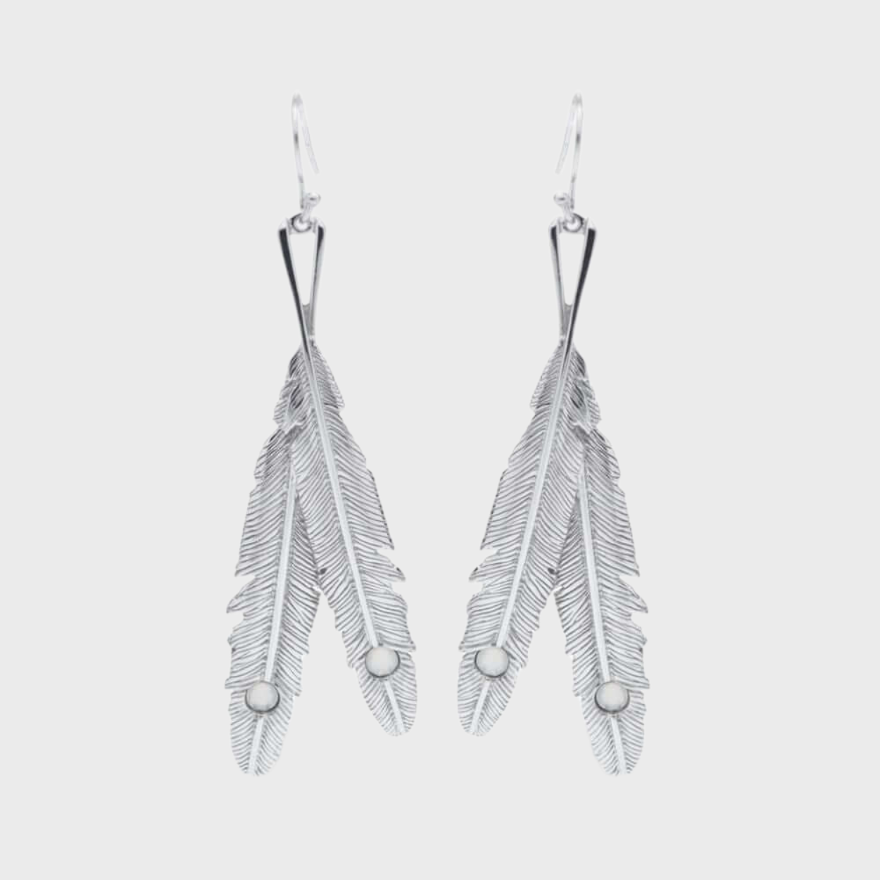 Silver Gemstone Dangly Feather Earrings