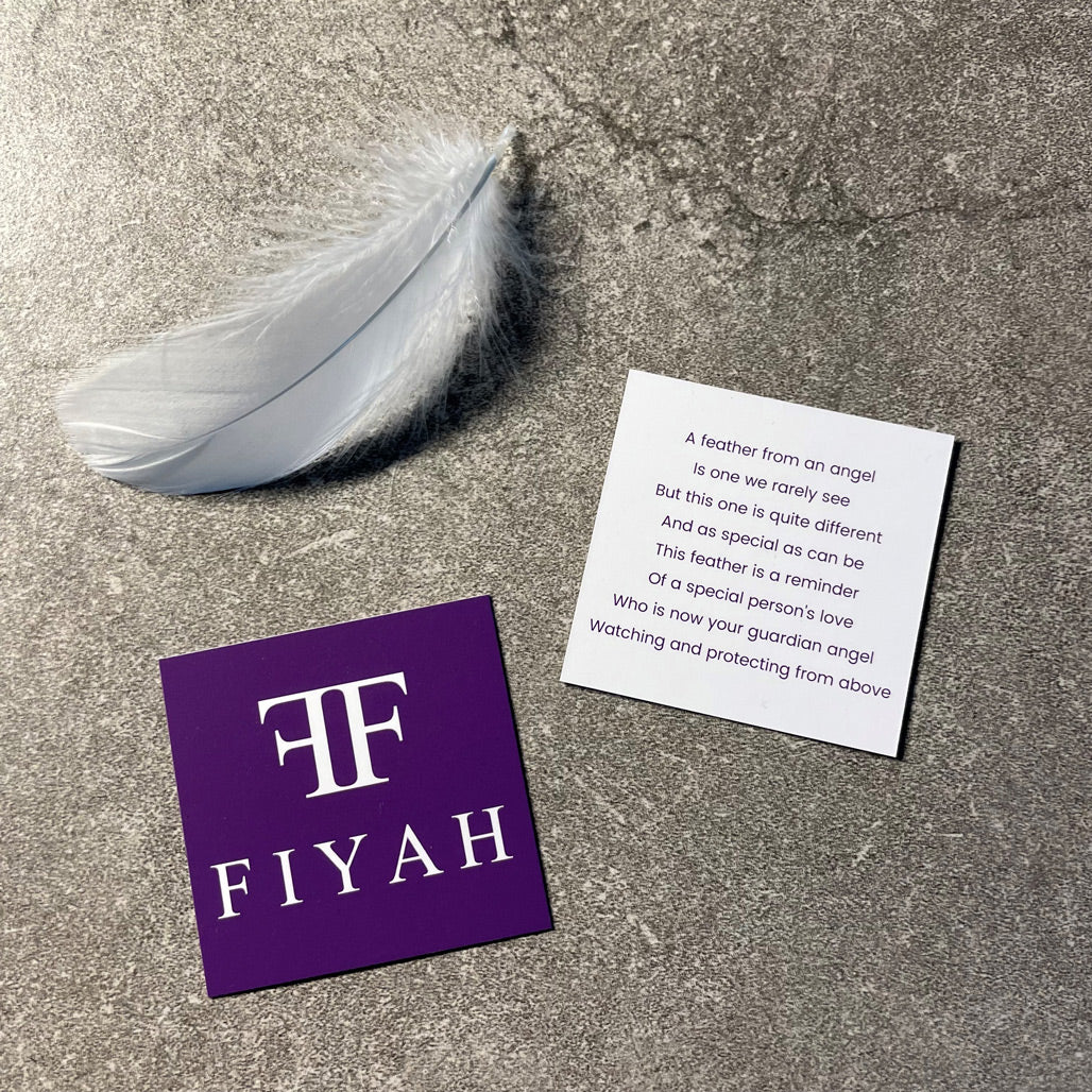 A close up image of the FIYAH A Feather From An Angel Poem Card and a White Feather