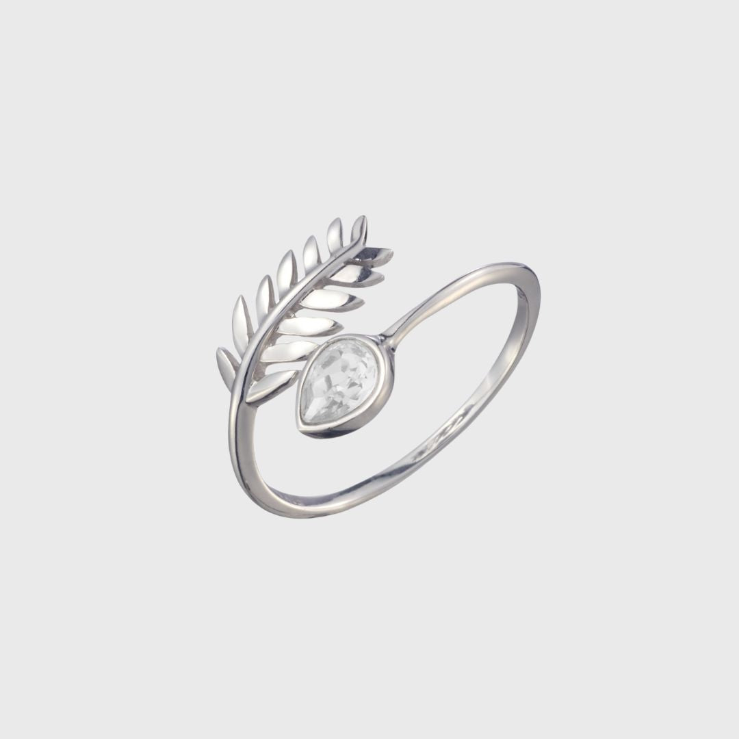 Adjustable Silver & Crystal Leaf Birthstone Ring - October