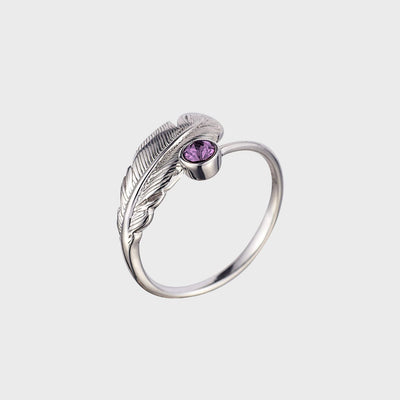 Adjustable Silver & Crystal Feather Birthstone Ring - February