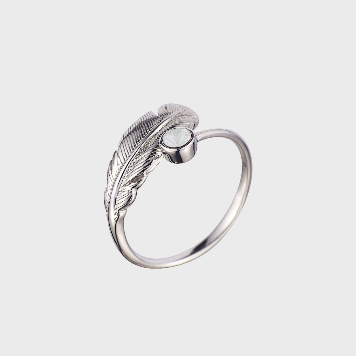 Adjustable Silver & Crystal Feather Birthstone Ring - October