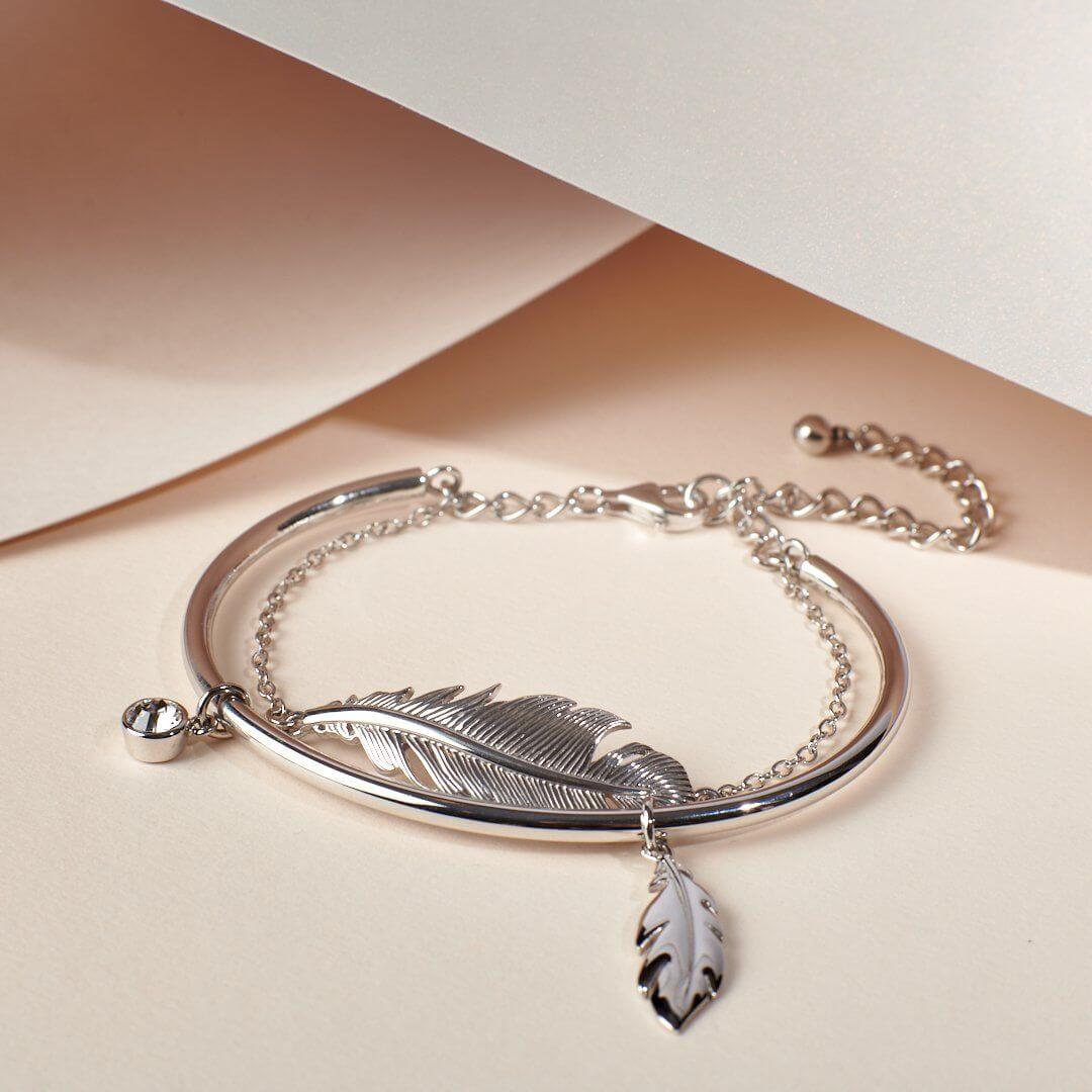 Silver Gemstone Feather Bracelet
